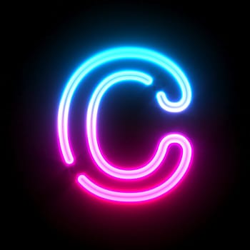 Blue pink glowing neon tube font Letter C 3D render illustration isolated on black background