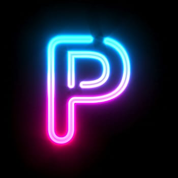 Blue pink glowing neon tube font Letter P 3D render illustration isolated on black background