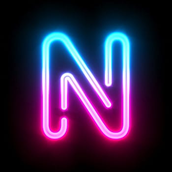 Blue pink glowing neon tube font Letter N 3D render illustration isolated on black background