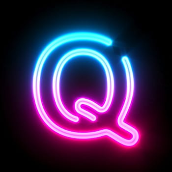 Blue pink glowing neon tube font Letter Q 3D render illustration isolated on black background