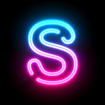 Blue pink glowing neon tube font Letter S 3D render illustration isolated on black background