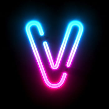 Blue pink glowing neon tube font Letter V 3D render illustration isolated on black background