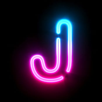 Blue pink glowing neon tube font Letter J 3D render illustration isolated on black background