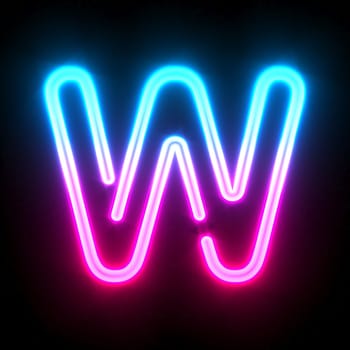Blue pink glowing neon tube font Letter W 3D render illustration isolated on black background