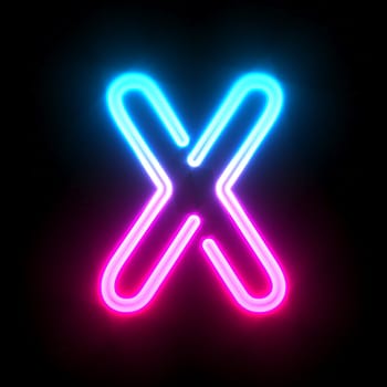 Blue pink glowing neon tube font Letter X 3D render illustration isolated on black background