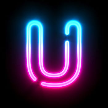 Blue pink glowing neon tube font Letter U 3D render illustration isolated on black background