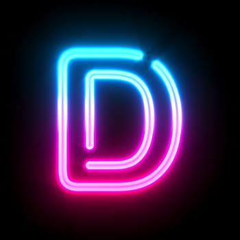 Blue pink glowing neon tube font Letter D 3D render illustration isolated on black background