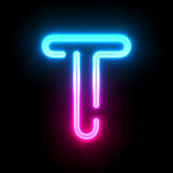 Blue pink glowing neon tube font Letter T 3D render illustration isolated on black background