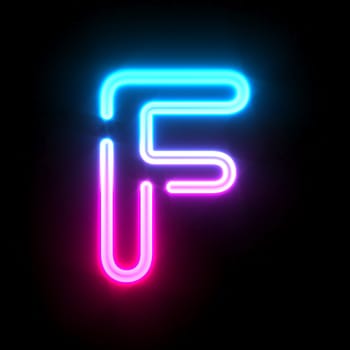 Blue pink glowing neon tube font Letter F 3D render illustration isolated on black background