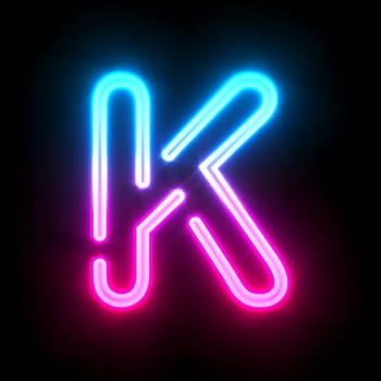Blue pink glowing neon tube font Letter K 3D render illustration isolated on black background