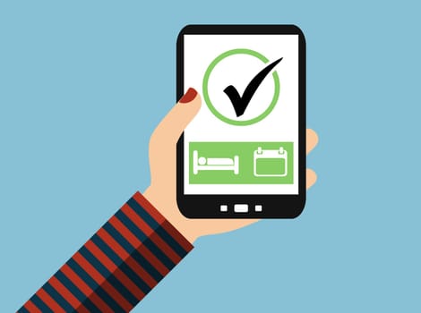 Woman making Hotel reservation with Smartphone: Hotel and calendar - Flat Design