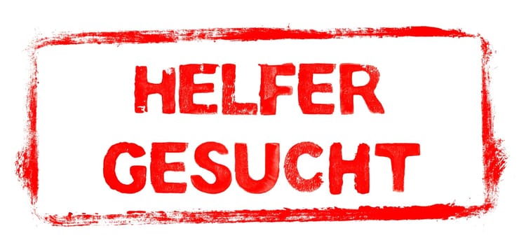Helpers wanted in german language Banner: Red rubber stamp frame with stencil text