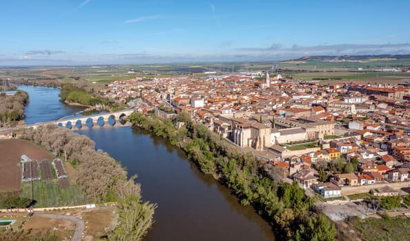 The village of Tordesillas and Douro River in the province of Valladolid, Spain, panoramic overview