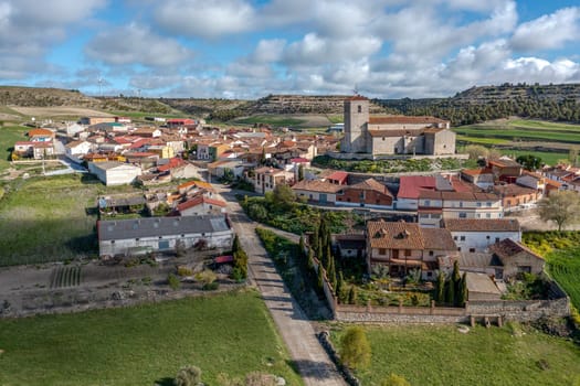 panoramic view of Velliza province of Valladolid Spain, detail Parish Church of San Millan