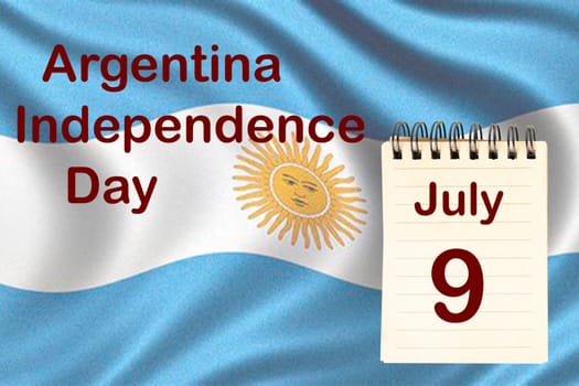 The celebration of the Argentina Independence Day with the flag and the calendar indicating the July 9