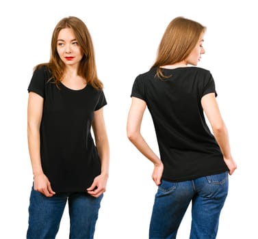 Young beautiful woman with blank black shirt, front and back. Ready for your design or artwork.