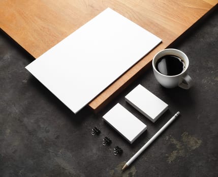 Branding stationery template. Blank business cards, letterhead, pencil, coffee cup and clips. ID mockup. Responsive design template.