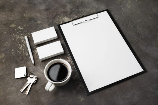 Blank branding stationery set on concrete background. Responsive design template.