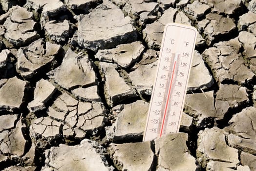 Dry earth with a thermometer, global warming and climate change concept, environmental discussion, extreme weather