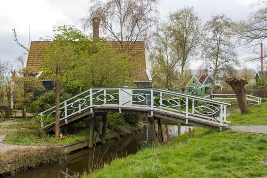 Traditional Houses in the Historic Village of Zaanse Schans on the Zaan River in the Netherlands