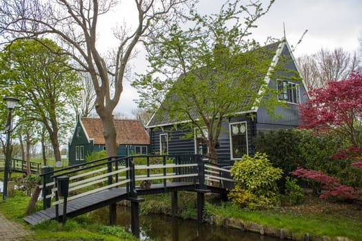 Traditional Houses in the Historic Village of Zaanse Schans on the Zaan River in the Netherlands