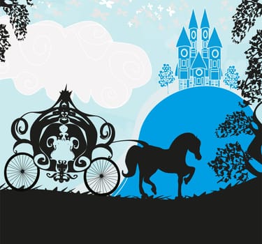 Silhouette of a horse carriage and a medieval castle