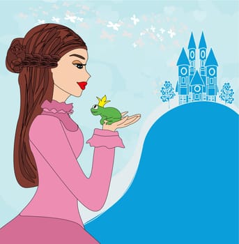 Beautiful young princess kissing a big frog