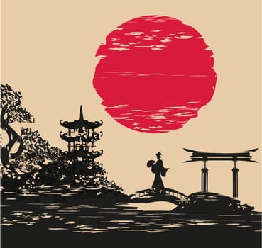 abstract Asian Landscape and beautiful Asian girl