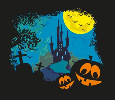 Halloween landscape with castle and cemetery.