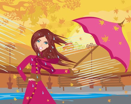 girl with umbrella on a rainy autumn day