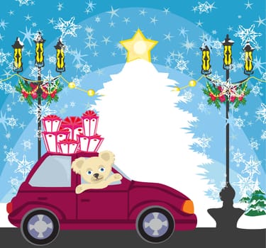 sweet teddy bear in the car with christmas gift box
