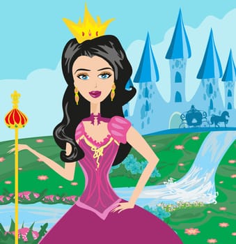 Beautiful young princess in front of her castle