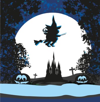 Witch flying on a broom in moonlight.