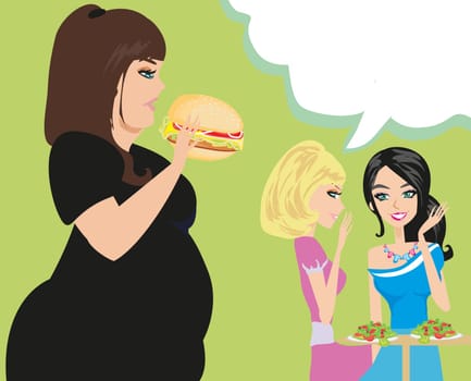 two women gossip about their fat friend
