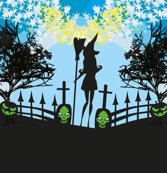 illustration of witch  and cemetery
