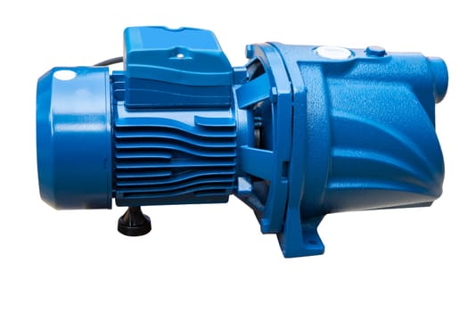 Blue water pump isolated on white background. Metal powerful body water pump. electric motor