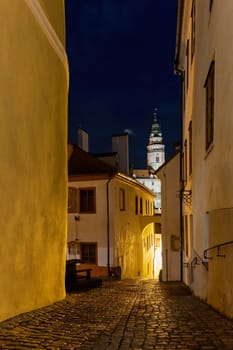 Night view of the old street in Cesky Krumlov at night. The castle tower is in the background. Vertically.