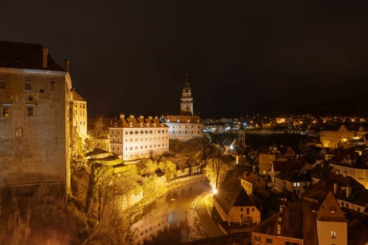 Town Cesky Krumlov and its castle in Czech republic in the night. Horizontally.