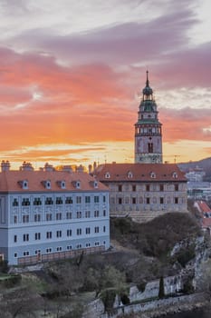 Beautiful view to Cesky Krumlov castle and its tower in Czech republic at dawn. Vertically.