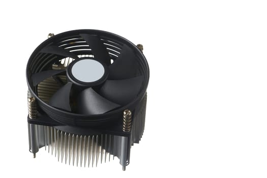 CPU cooling fan with a radiator on a white isolated background, space for copying. High quality photo