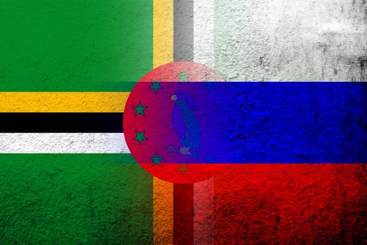 National flag of Russian Federation with Commonwealth of Dominica National flag. Grunge background