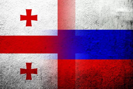 National flag of Russian Federation flag of the country of Georgia. Grunge background