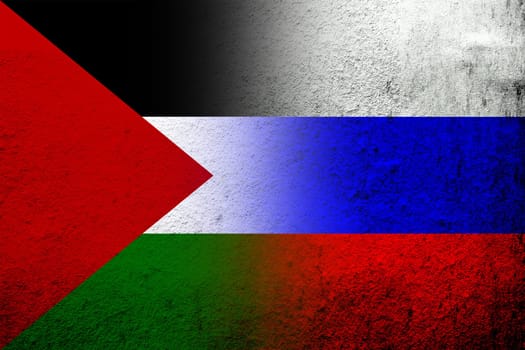 National flag of Russian Federation with Flag of Palestine. Grunge background