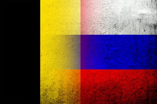 National flag of Russian Federation with Kingdom of Belgium National flag. Grunge background