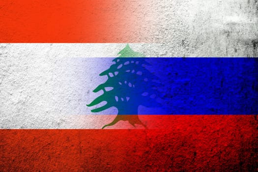 National flag of Russian Federation with Lebanon National flag. Grunge background