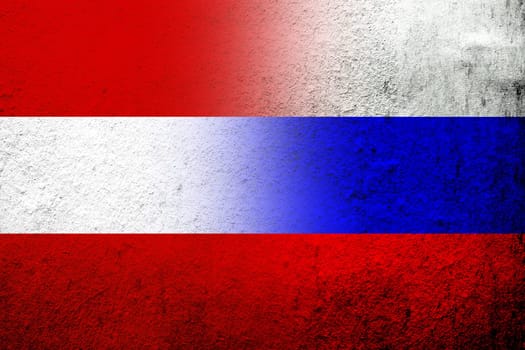 National flag of Russian Federation with National flag of Austria. Grunge background