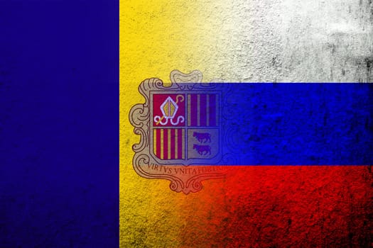 National flag of Russian Federation with Andorra national flag. Grunge background
