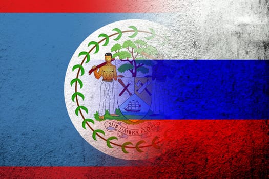 National flag of Russian Federation with National flag of Belize. Grunge background