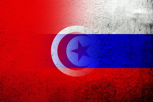 National flag of Russian Federation with The Republic of Tunisia National flag. Grunge background