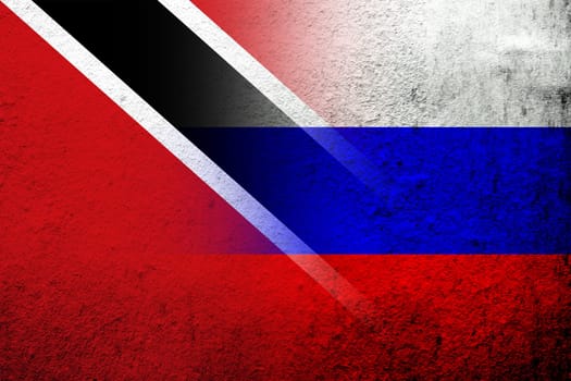 National flag of Russian Federation with The Republic of Trinidad and Tobago National flag. Grunge background